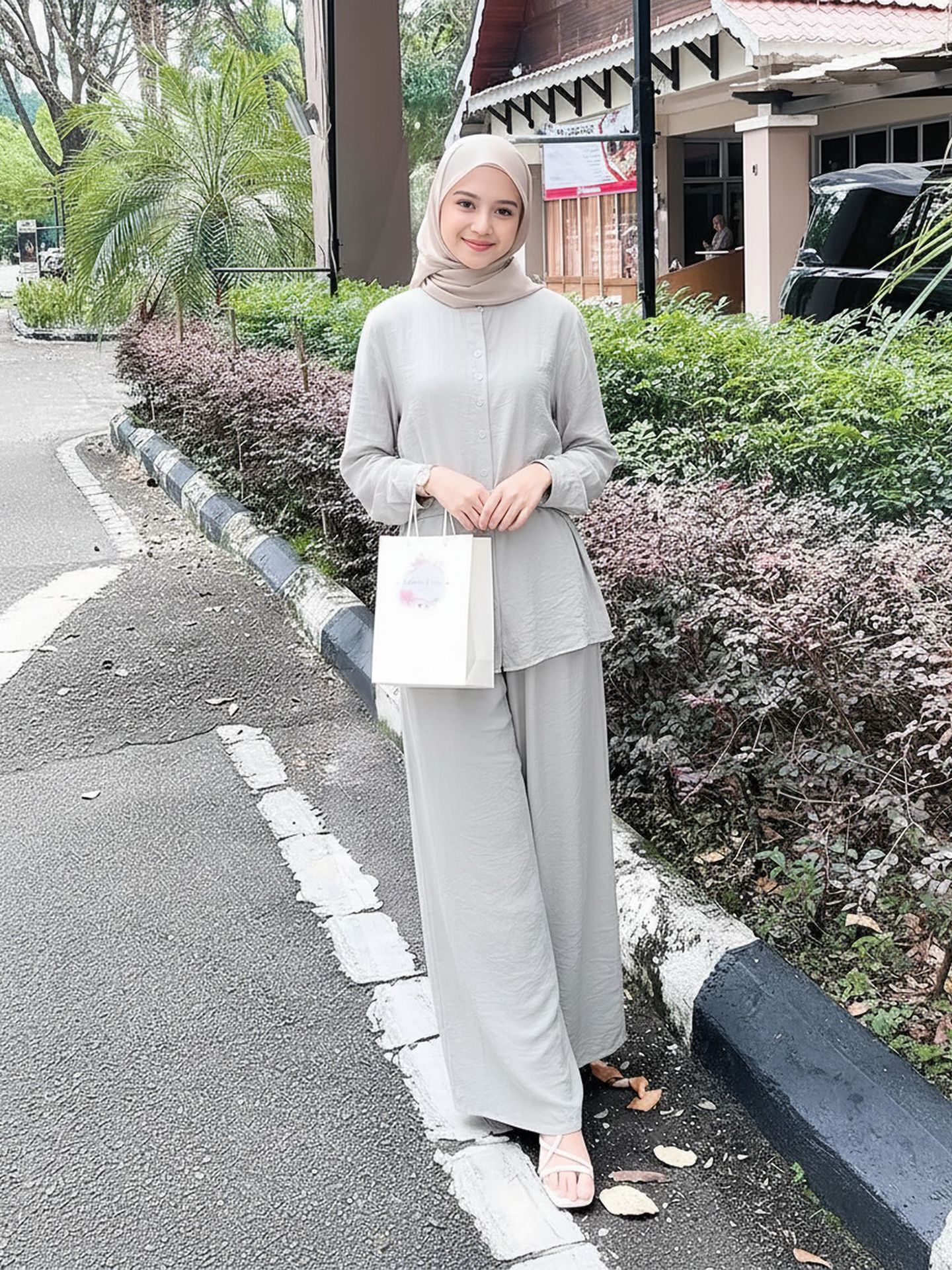 Malaysian Indonesian Women's Slimming Top And Wide Leg Pants Set Stand Collar Tie Waist Fashionable_ecoleips.com