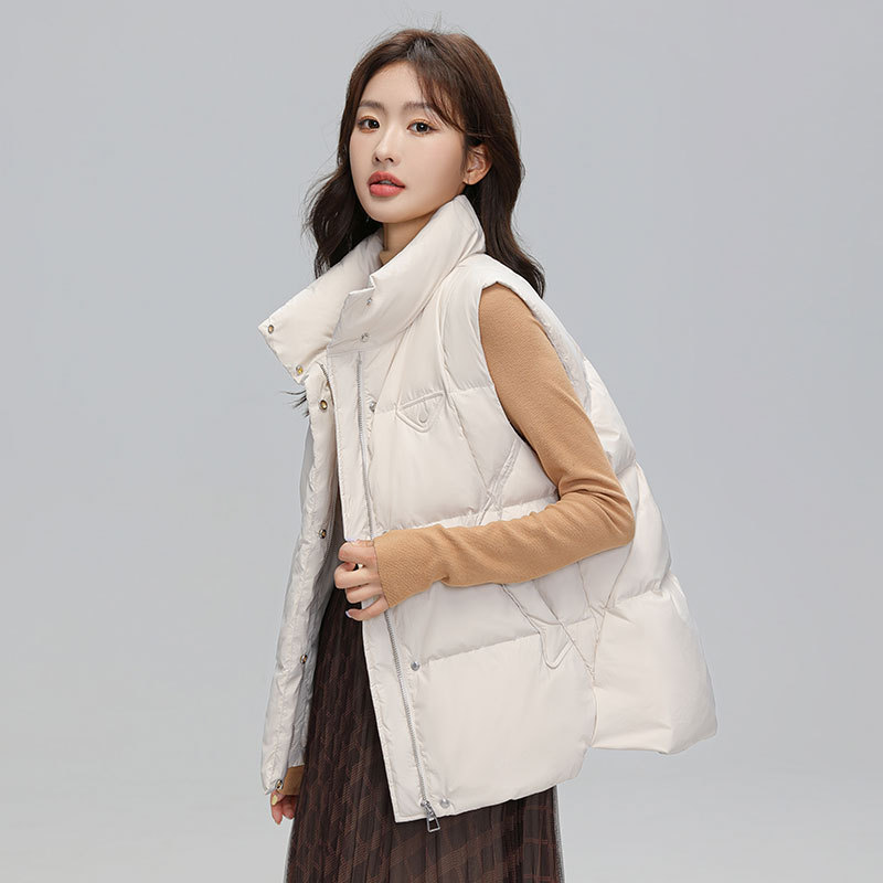 2025 새로운 가을, 겨울 여성 다운 조끼 두꺼운 스탠드 칼라 양복 조끼 민소매 조끼 한국 스타일 90 다운 루스 자켓