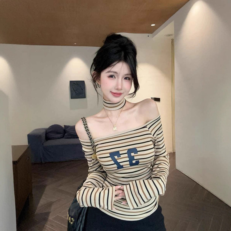 Pure Desire Striped Print Halter Off-Shoulder Tight Long Sleeve T-Shirt for Women Hot Girl Sexy Off-Shoulder Slim Fit Base Top Pure Desire Striped Print Halter Off-Shoulder Tight Long Sleeve T-Shirt for Women Hot Girl Sexy Off-Shoulder Slim Fit Base Top