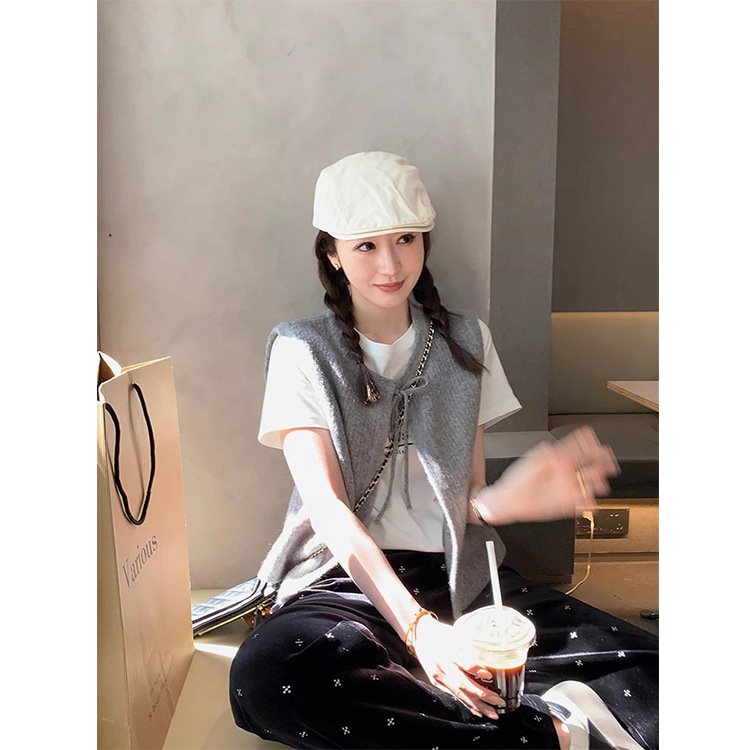 2025春秋新款宽松叠穿背心外套毛衣女圆领系带外搭短款毛针织马甲|undefined
