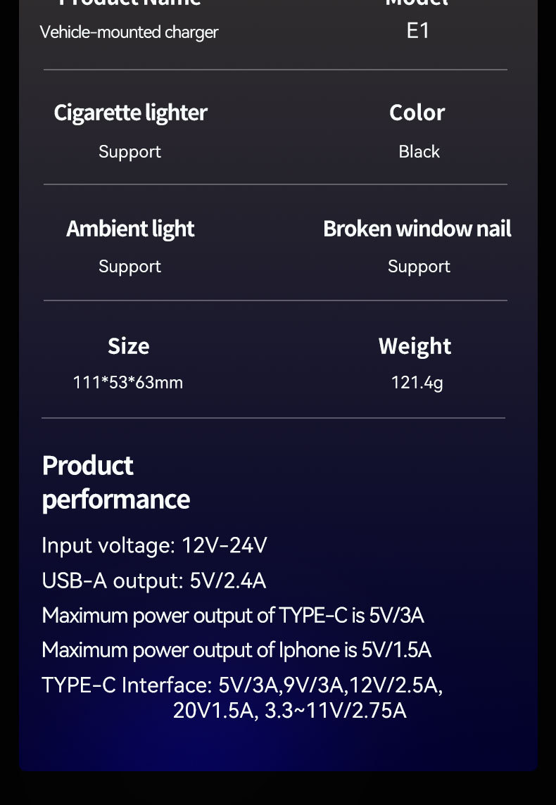 Cross-border new model car charger with ambient lighting, featuring a retractable cable, cigarette lighter socket, and window-breaking hammer – a four-in-one fast-charging car accessory