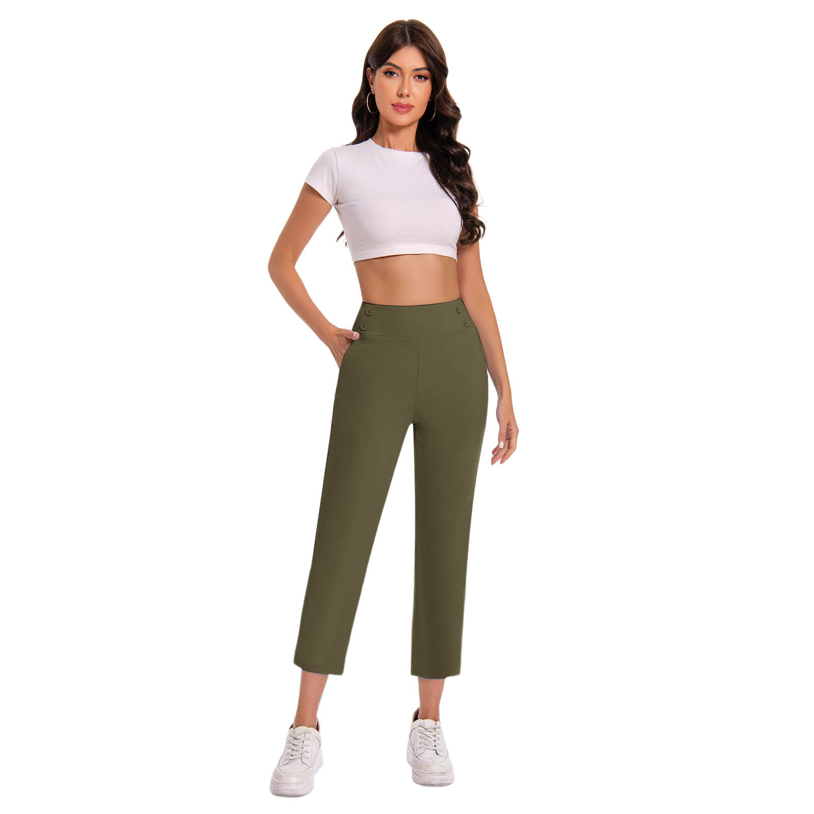 Amazon Spring and Summer Women's Straight-Leg Pants Cross-Border Casual Pants Solid Color High-Waisted with Pockets Women's Style