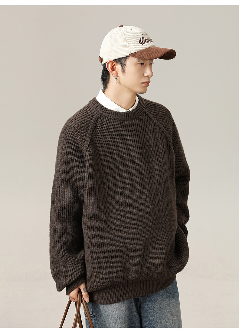 Monochrome 3d Shoulder Texture Men's Round Neck Knitted Sweater_voghion.com