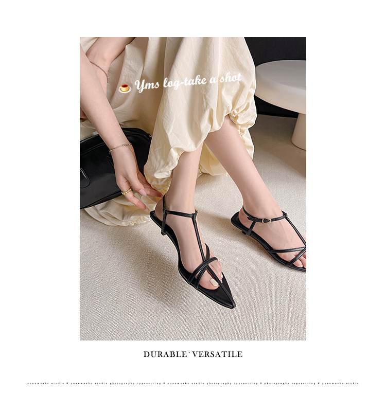 Sandal hở mũi nữ quai mảnh gót mèo con 4 cm phong cách tối giản — Màu đen chi tiết 1