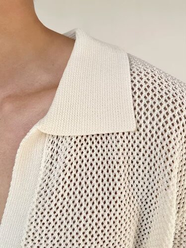 Cross-border French V-neck hollow polo shirt men's summer ins casual all-matching commuting lazy breathable short-sleeved sweater