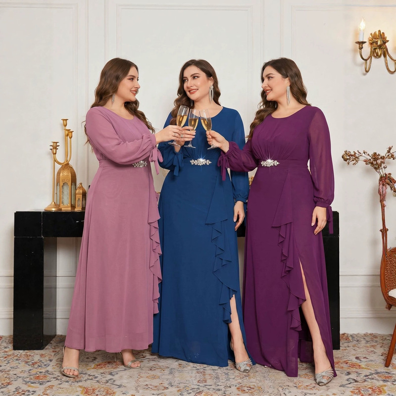Cross-Border Evening Dress, European and American Style, Round Neck, Long Sleeves, Slit, Sequins, Elegant, Plus Size Women's Clothing, Bridesmaid Dress Cross-Border Evening Dress, European and American Style, Round Neck, Long Sleeves, Slit, Sequins, Elegant, Plus Size Women's Clothing, Bridesmaid Dress
