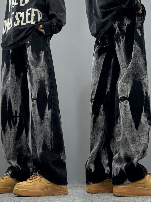 Black Tie-Dye Jeans for Men, Spring and Autumn, Trendy Brand, Stylish Streetwear, Flared Pants, American Drill Straight-Leg Scimitar Pants Black Tie-Dye Jeans for Men, Spring and Autumn, Trendy Brand, Stylish Streetwear, Flared Pants, American Drill Straight-Leg Scimitar Pants