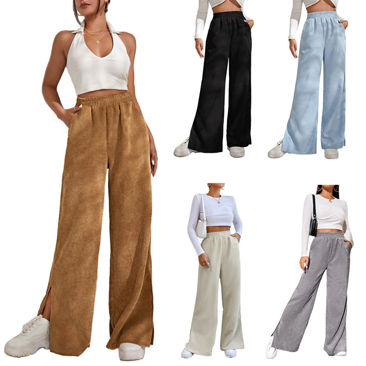 2026 Autumn and Winter New Women's High-Waisted Casual Pants European and American Style Solid Color Corduroy Spliced Slit Hem Long Pants for Women