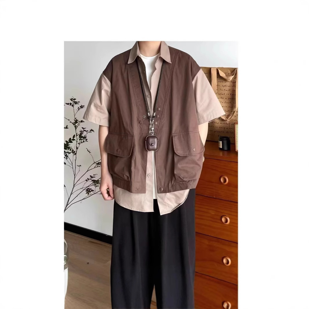 Japanese Retro Functional Faux Two-Piece Loose Vest Short-Sleeve Shirt Unisex Summer Trendy Brand Half-Sleeve Shirt Jacket