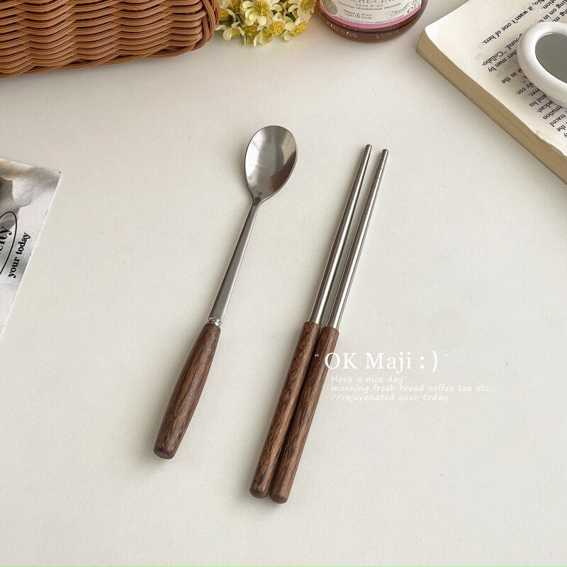 Chicken Wing Wood Chopsticks, High Aesthetic Value, Instagram-Style Stainless Steel Dining Spoon, Personal Tableware Set, Chopsticks and Spoon