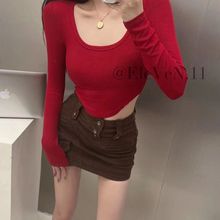 春秋季新款性感辣妹纯色露脐U领长袖t恤女打底衫内搭短款紧身上衣