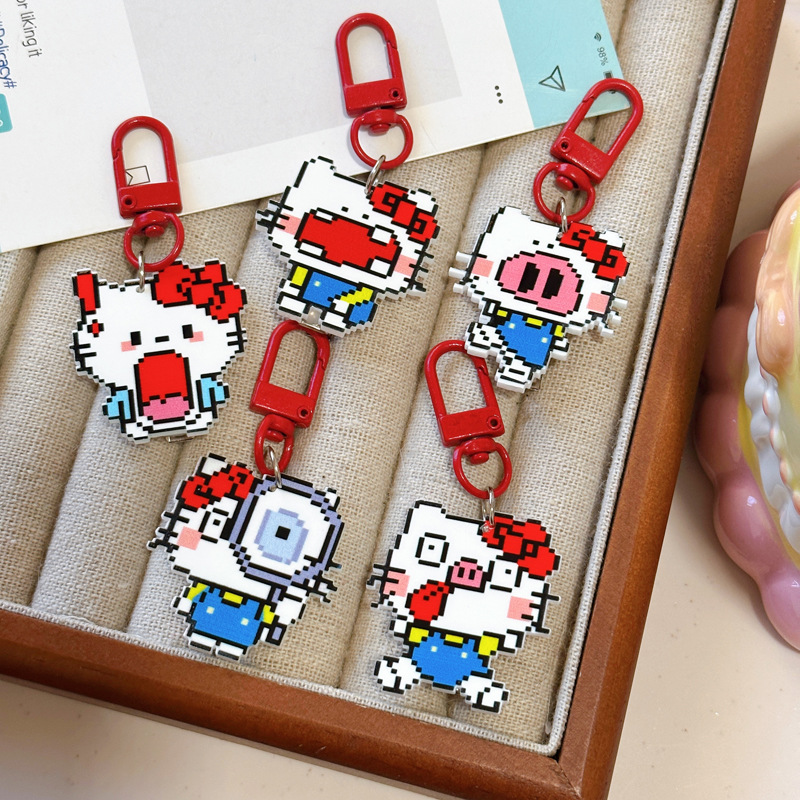 New cartoon pixel KT cat keychain, girly bag accessory, handmade DIY beaded pendant materials wholesale
