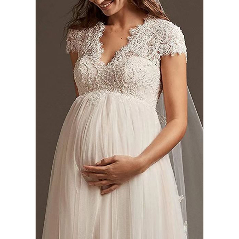 Vestido de novia de comercio exterior para mujeres embarazadas de cintura alta de gran tamaño encaje europeo y americano Mori cola pequeña vestido de novia transfronterizo de Amazon blanco image 3