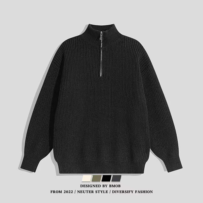 Half-Zip Men's Pullover Sweater Half-High Collar Casual Trendy Japanese Hong Kong Style Versatile Pullover Youthful Knitwear Jacket