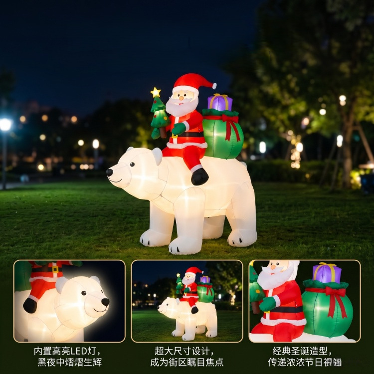 Santa Claus inflable de 2.1 metros montado en un oso polar con luces LED, modelo inflable para decoración de jardín exterior.