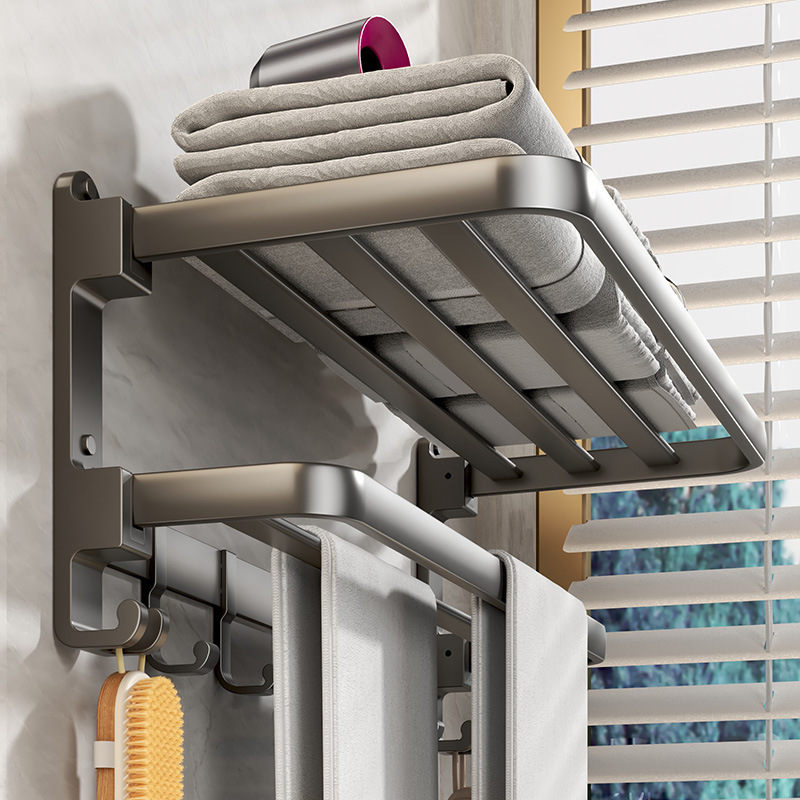 Gun Gray Foldableing Towel Rack, Punch-Free Bathroom Storage Rack, Double-Layer Bathroom Toilet Towel Rack, Toilet Rack Gun Gray Foldableing Towel Rack, Punch-Free Bathroom Storage Rack, Double-Layer Bathroom Toilet Towel Rack, Toilet Rack