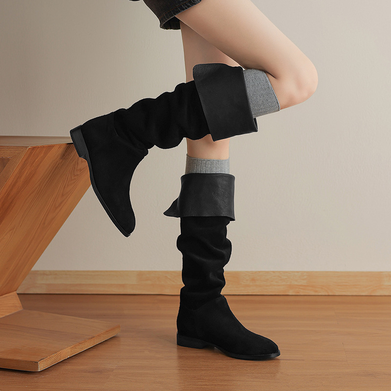 Vintage Top-Layer Cowhide Flat Knee-High Slouch Boots Autumn and Winter Genuine Leather High-Tube Riding Boots Suede Casual Long Boots