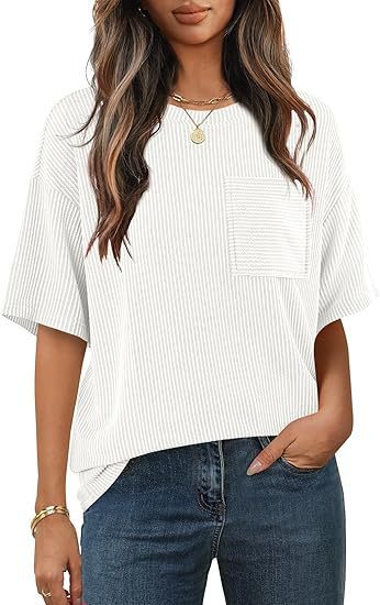 cross-border European And American Women's Summer Short-sleeve Pocket Top, Oversized Round-neck Textured Casual_ecoleips.com