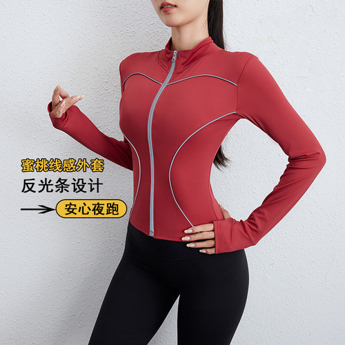 Women's Yoga Wear Sports Jacket with Reflective Strips for Night Running, Tight and Slimming Morning Running Fast-Drying Zip-Up Top