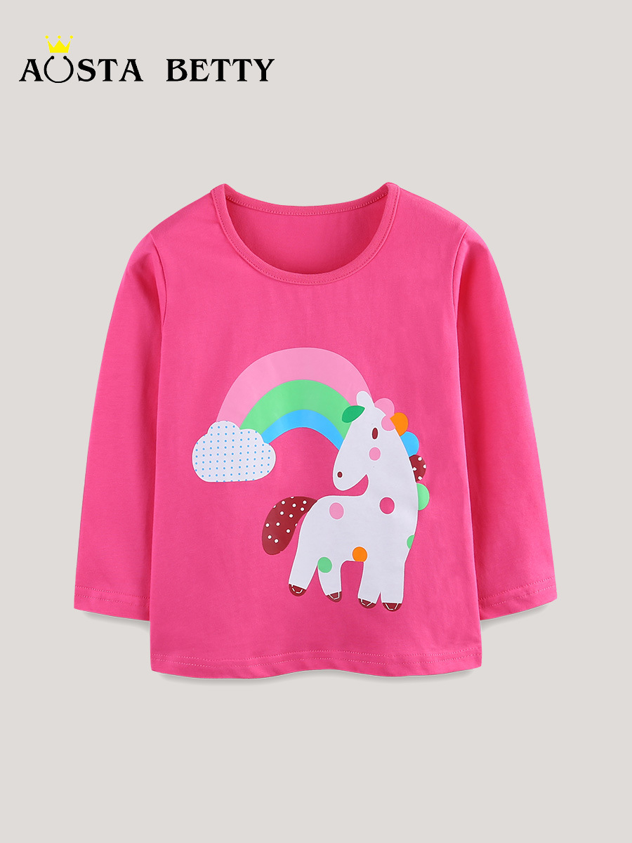 26 nuevo otoño camiseta de niñas estilo europeo y americano Unicornio impresión de niños camiseta de algodón de punto camiseta de manga larga para niños
