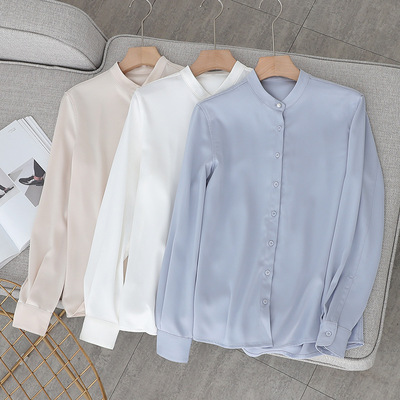 春装新款缎面雪纺垂顺舒柔立领白色衬衫女 长袖珍珠扣宽松上衣