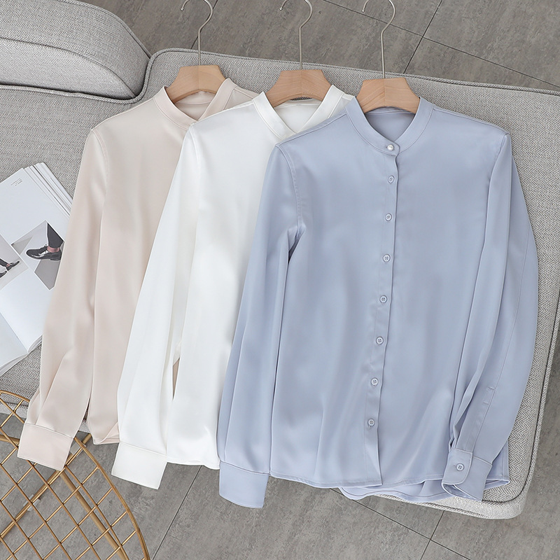 春装新款缎面雪纺垂顺舒柔立领白色衬衫女 长袖珍珠扣宽松上衣