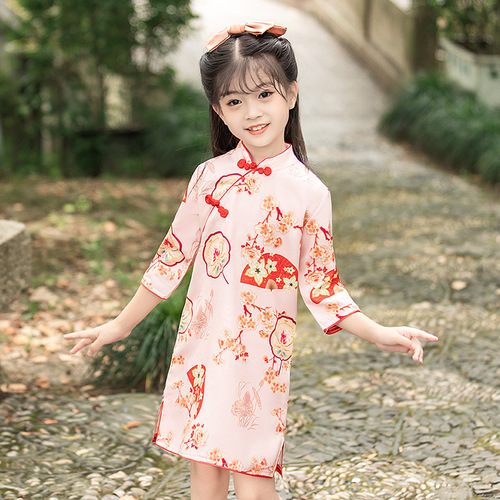 Children's improved mid-sleeve cheongsam Tang suit spring and autumn style Chinese style ethnic girl baby retro literary dress fairy