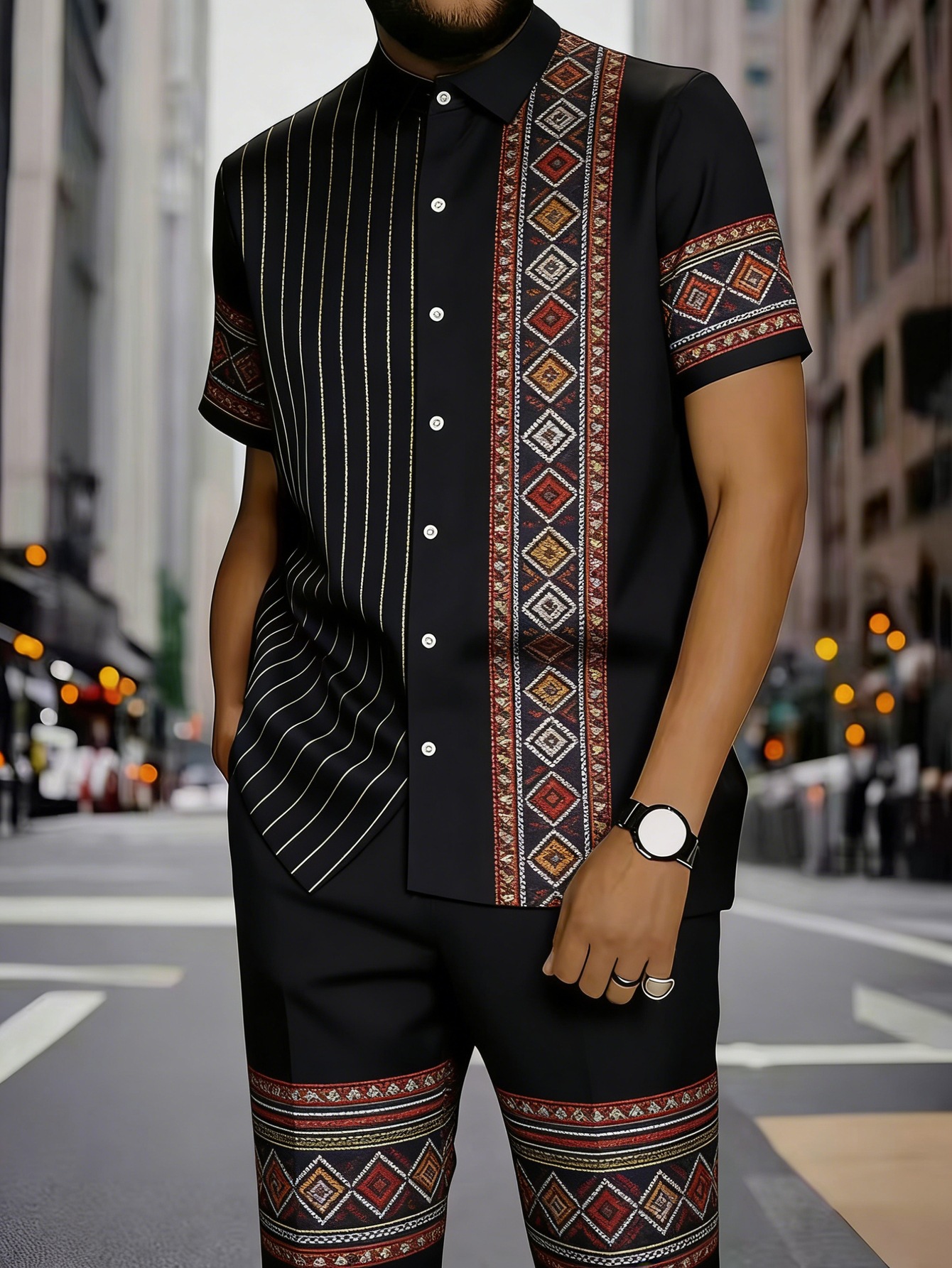 Men's Clothing Men's Commuter Style Short Sleeve Shirt And Shorts Set Collared Geometric Print Spring Summer_viptrois.com