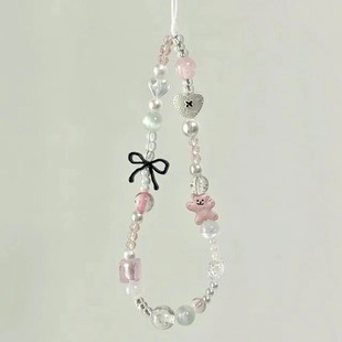 Original Black Bow Bear Mobile Phone Chain DIY Beaded Ccd Anti-Lost Camera Lanyard Chain Decorative Keychain