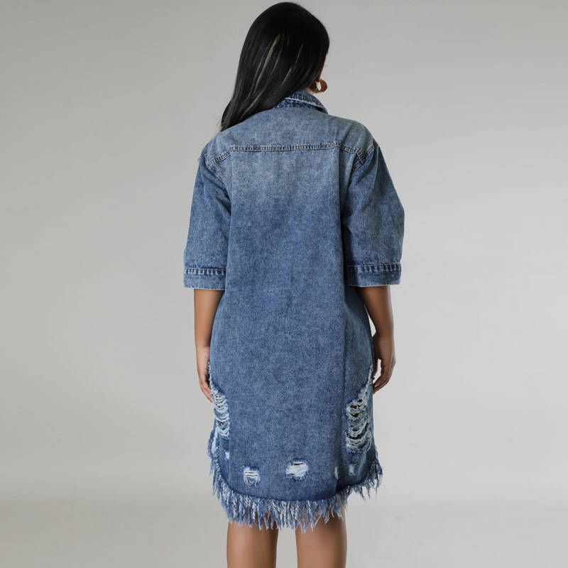 Plus Size Women's New Denim Ripped Tassel Short Sleeved Lapel Dress Factory Direct Sales_voghion.com