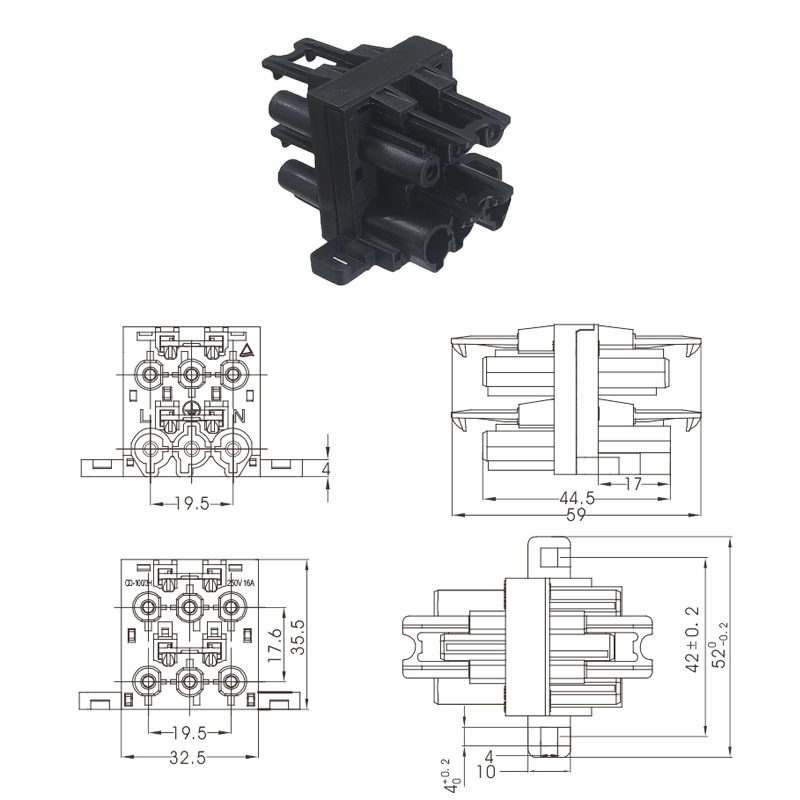 Compatible with GST18 four-way H-type lighting wiring splitter, one input three outputs male-female quick connection terminal