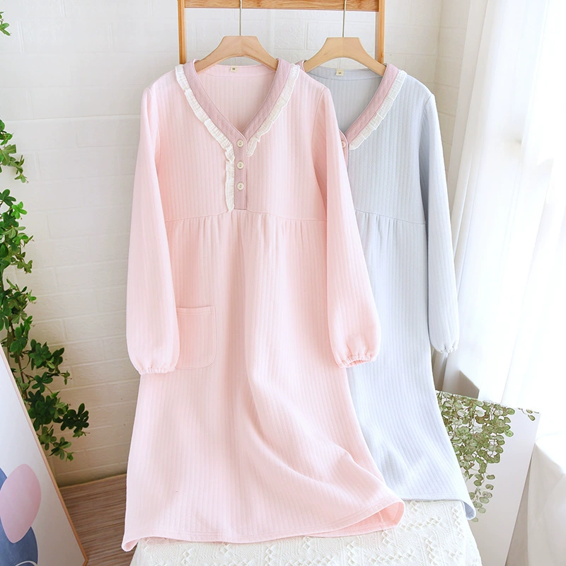 Женская ночная рубашка осень-зима с длинным рукавом воздушный слой хлопок длинное домашнее платье теплая хлопковая Домашняя одежда поколение волос