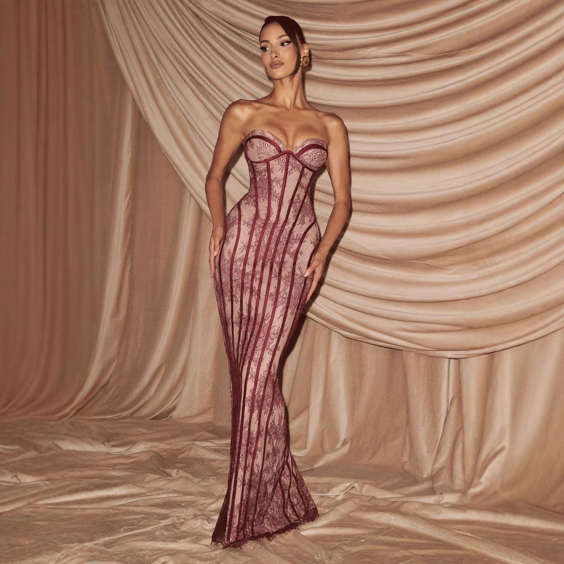 Elegant Lace Long Bodycon Dress For Evening Parties - Stunning High-Waisted Corset Design With Sheer Mesh & Floral Embroidery_ecoleips.com