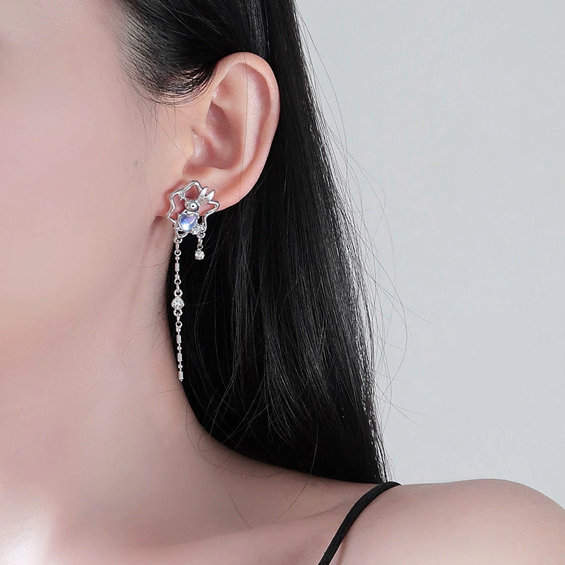 Серебряная игла, милый кролик, серьги, стильная длинная цепочка, серебро 925 образец