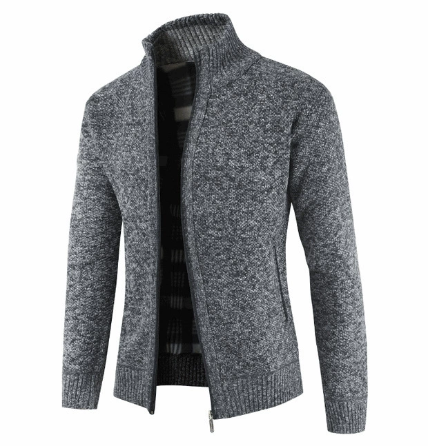 Men’s winter zip sweater coat, knit outer with lined interior, stand collar, M–XXXL