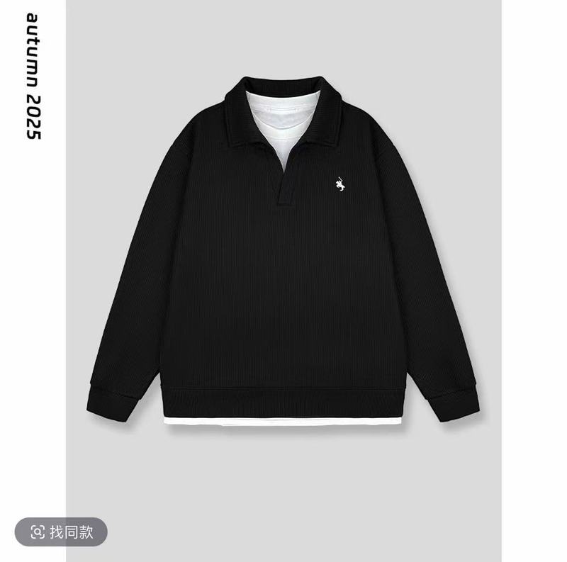秋季高品质拼接假两件图案刺绣翻领卫衣设计感潮流百搭翻领卫衣|undefined