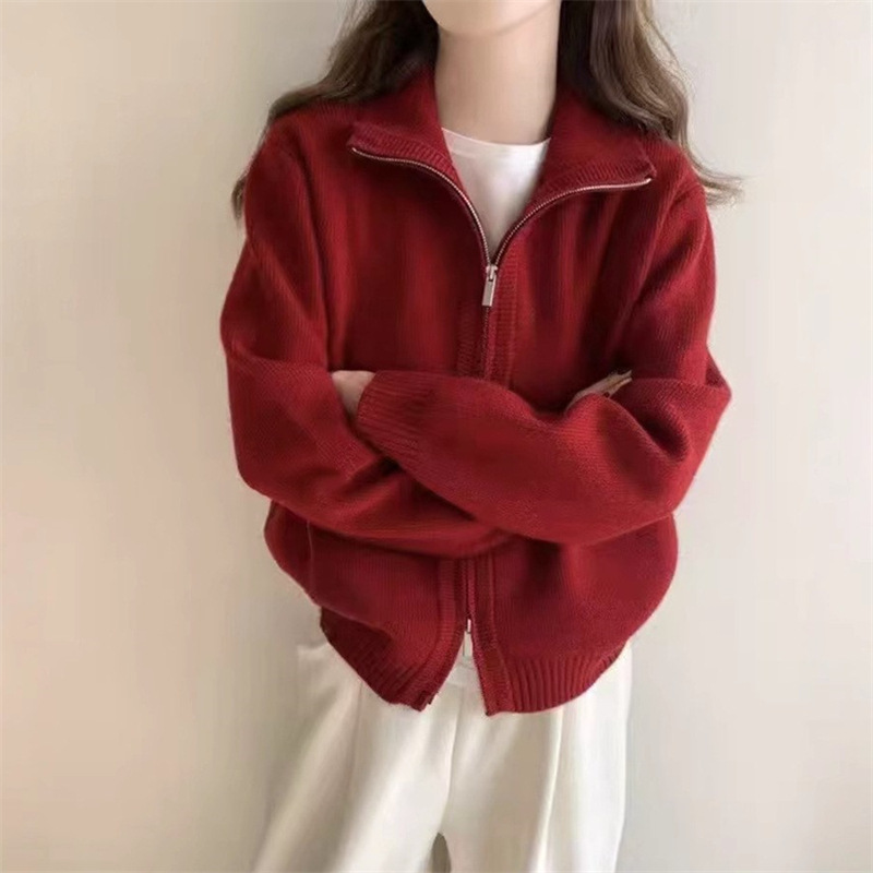 ファッショナブルなダブルジッパーニットカーディガン女性の秋と冬の新しい和風ルーズシンプルなラペルセータージャケットレイジートップ|undefined
