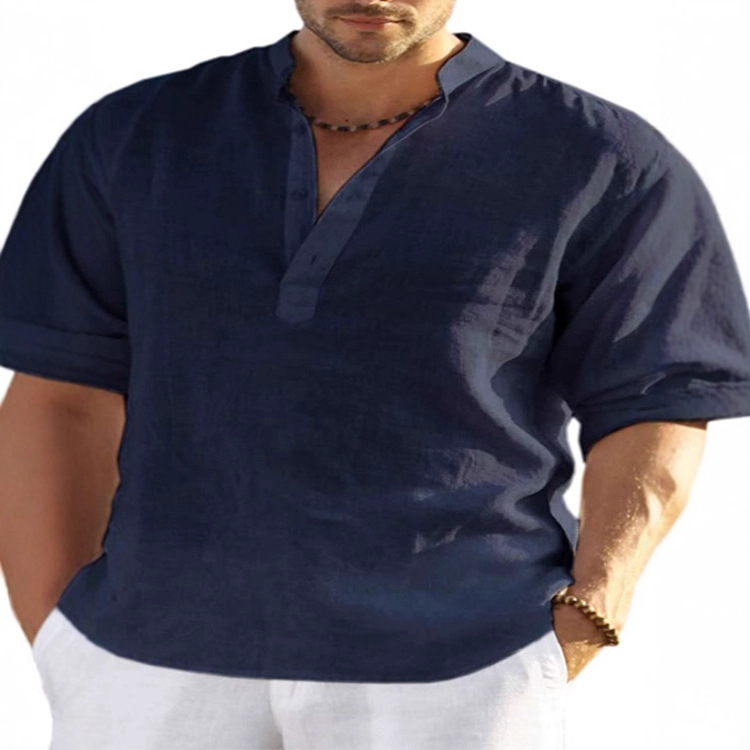 Men's Linen Long-Sleeved T-Shirt, Loose Undershirt, Solid Color Long-Sleeved Cotton Linen Shirt, Men's Plus Size_viptrois.com