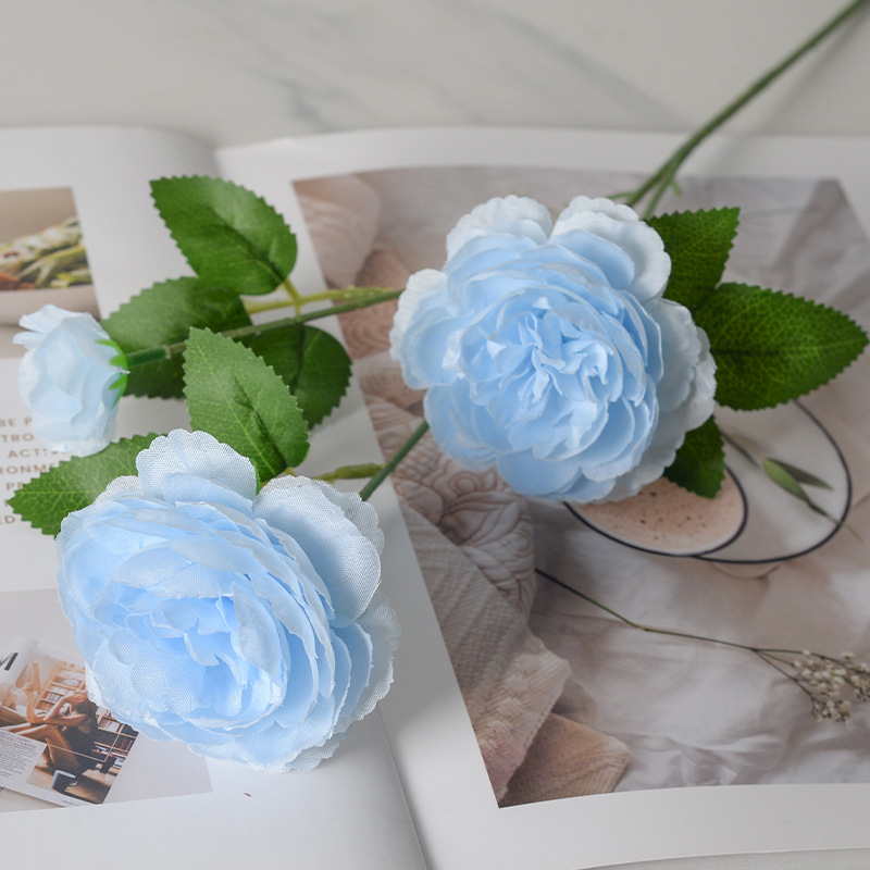 Flor artificial flor azul material boda salón decoración del hogar Rosa artificial Flor de plástico al por mayor