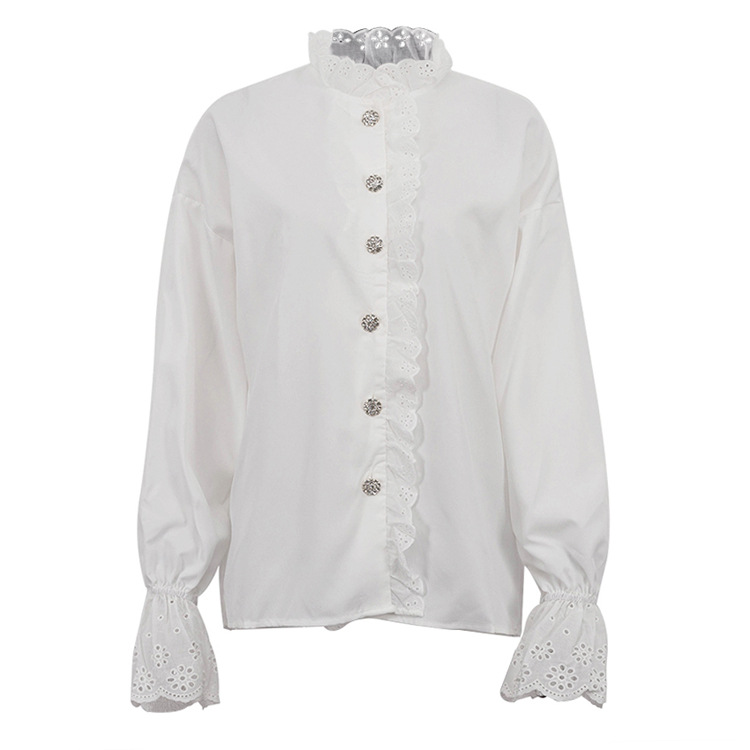 Camisa de estilo corte francés con cuello alto y bordes de loto con diamantes, moda versátil, venta al por mayor