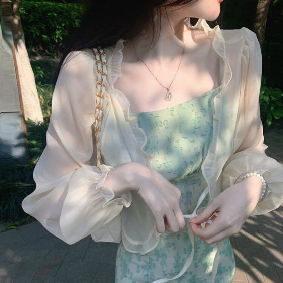 Fairy Chiffon Sunscreen Sweater Women's Design Sense Ear-rimmed Sunscreen Cardigan Thin Jacket with Suspender Skirt Shawl Blouse