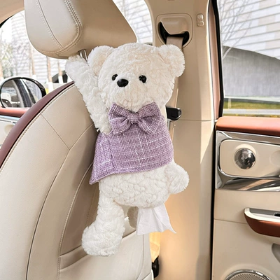 Car Tissue Box Cute Bear Plush Doll Tissue Set Creative Cartoon Car Storage Tissue Hanging Bag Wholesale (Car tissue box/set) - nika-bear-tissue-box-purple