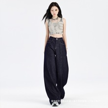 秋冬深蓝色美式阔腿牛仔裤女高腰显瘦小个子直筒裤图片色九分氨纶