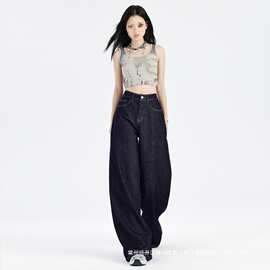 秋冬深蓝色美式阔腿牛仔裤女高腰显瘦小个子直筒裤图片色九分氨纶