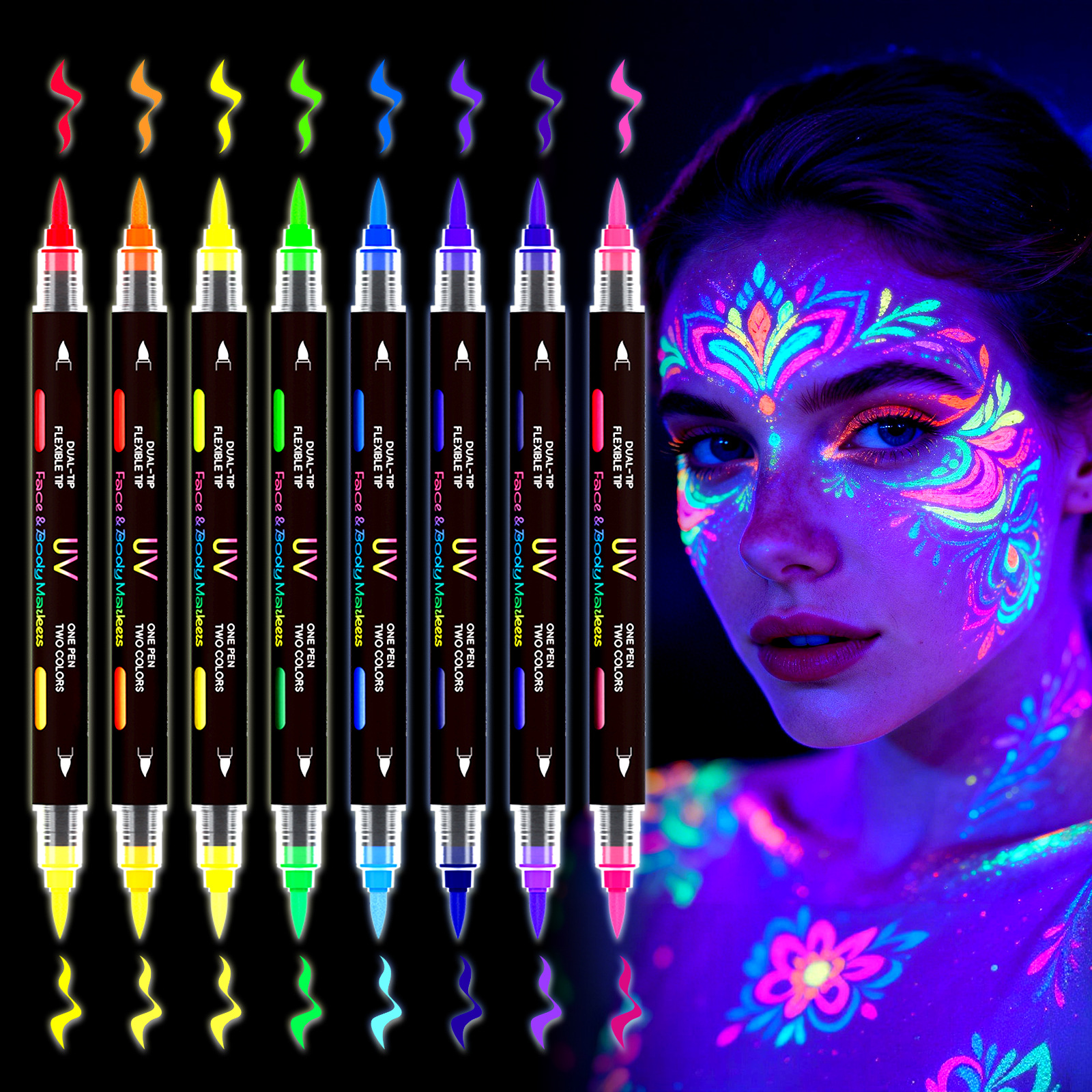 Cross-Border Flysea 8109Uv Double-Ended Face Paint Washable Body Fluorescent Paint Holiday Party Temporary Tattoo Pen