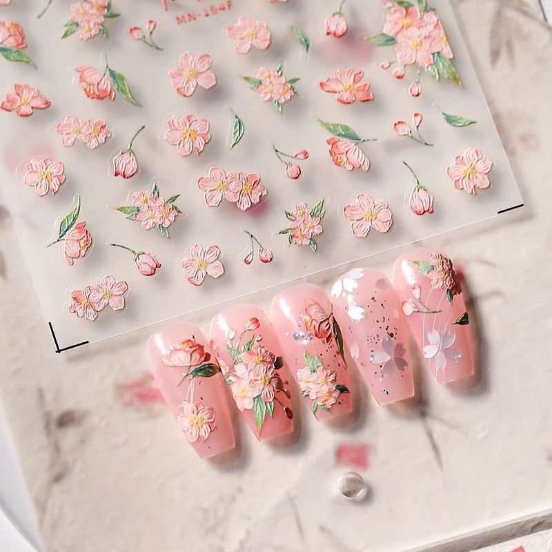 New Cute Flower-Decorated Embossed Nail Art Stickers, Three-Dimensional Hand-Painted Oil Painting Pink Cherry Blossom High-Value Stickers New Cute Flower-Decorated Embossed Nail Art Stickers, Three-Dimensional Hand-Painted Oil Painting Pink Cherry Blossom High-Value Stickers