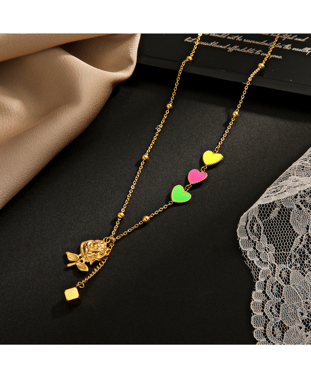 Fashion Heart Shape Flower Stainless Steel Gold Plated Pendant Necklace Colorza_colorza_1
