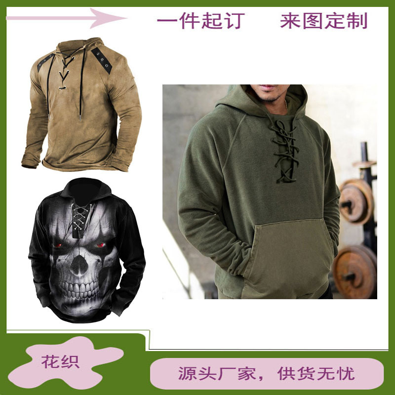 跨境专供3D数码印花带抽绳长袖秋冬大码复古士兵风宽松连帽3d卫衣