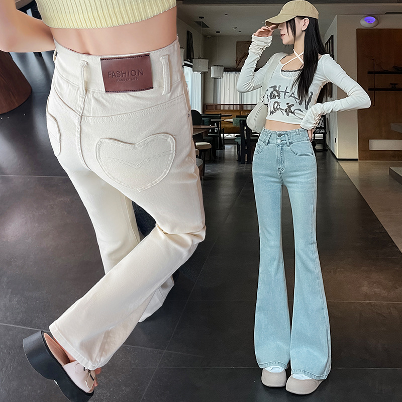 女性用の新しいオフホワイトのハイウエストデニムパンツ、ハート型のバックポケット、ワイドレッグフロアレングスパンツ、伸縮性|undefined