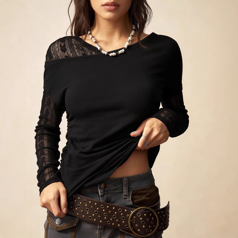 2026 Spring and Autumn New Bohemian Style Off-Shoulder T-Shirt for Women with Lace Splicing Long Sleeves Slim Fit Top 2026 Spring and Autumn New Bohemian Style Off-Shoulder T-Shirt for Women with Lace Splicing Long Sleeves Slim Fit Top